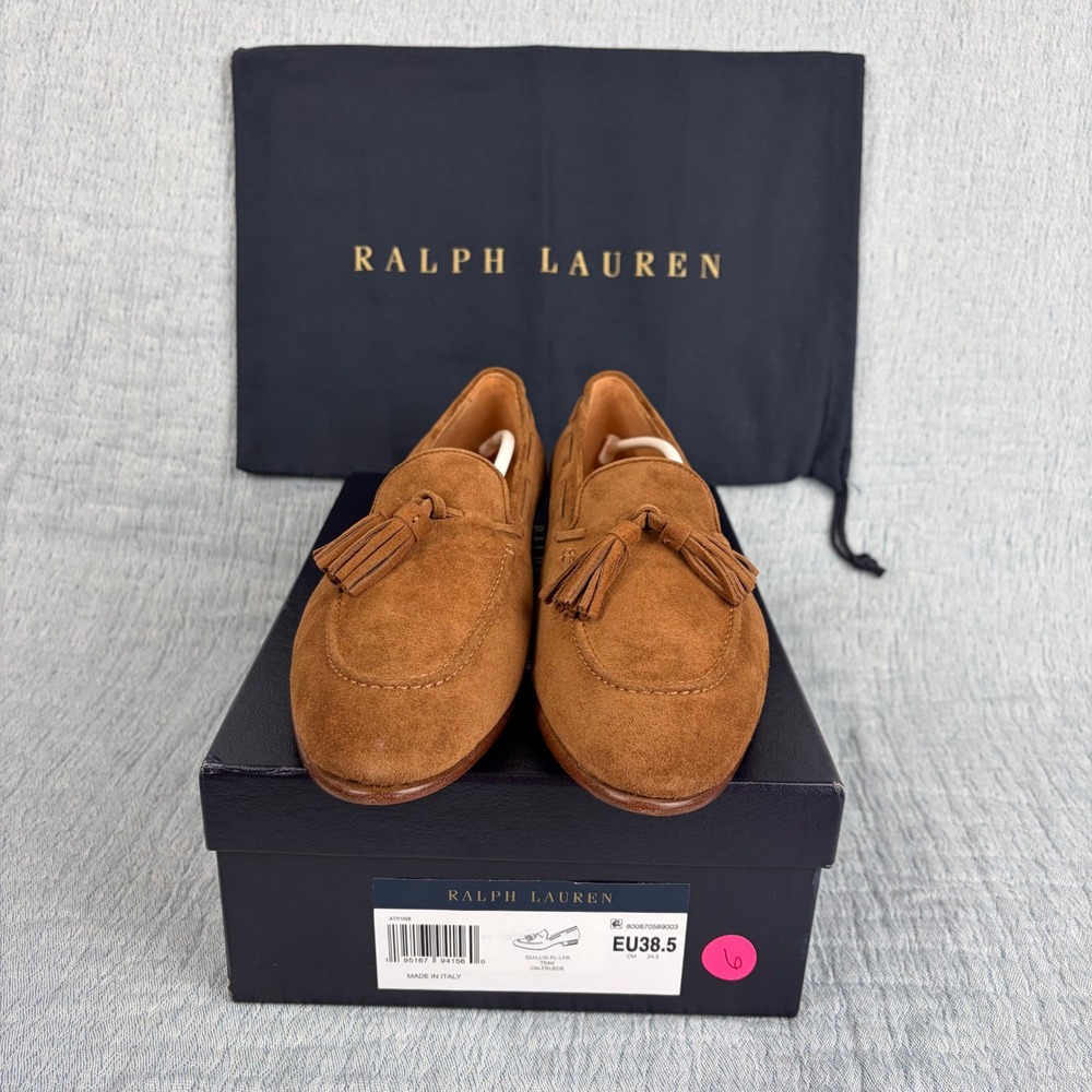 Ralph Lauren Purple Label Quillis Tassel Loafers Teak Calf Suede EU 38.5 US 8.5